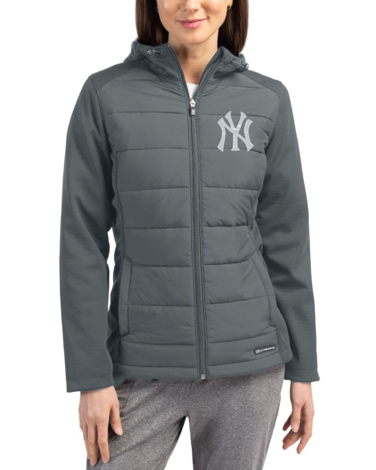 Women's New York Yankees Cutter & Buck Elemental Grey Evoke Epic Versatility Hybrid Softshell Full Zip Hooded Jacket