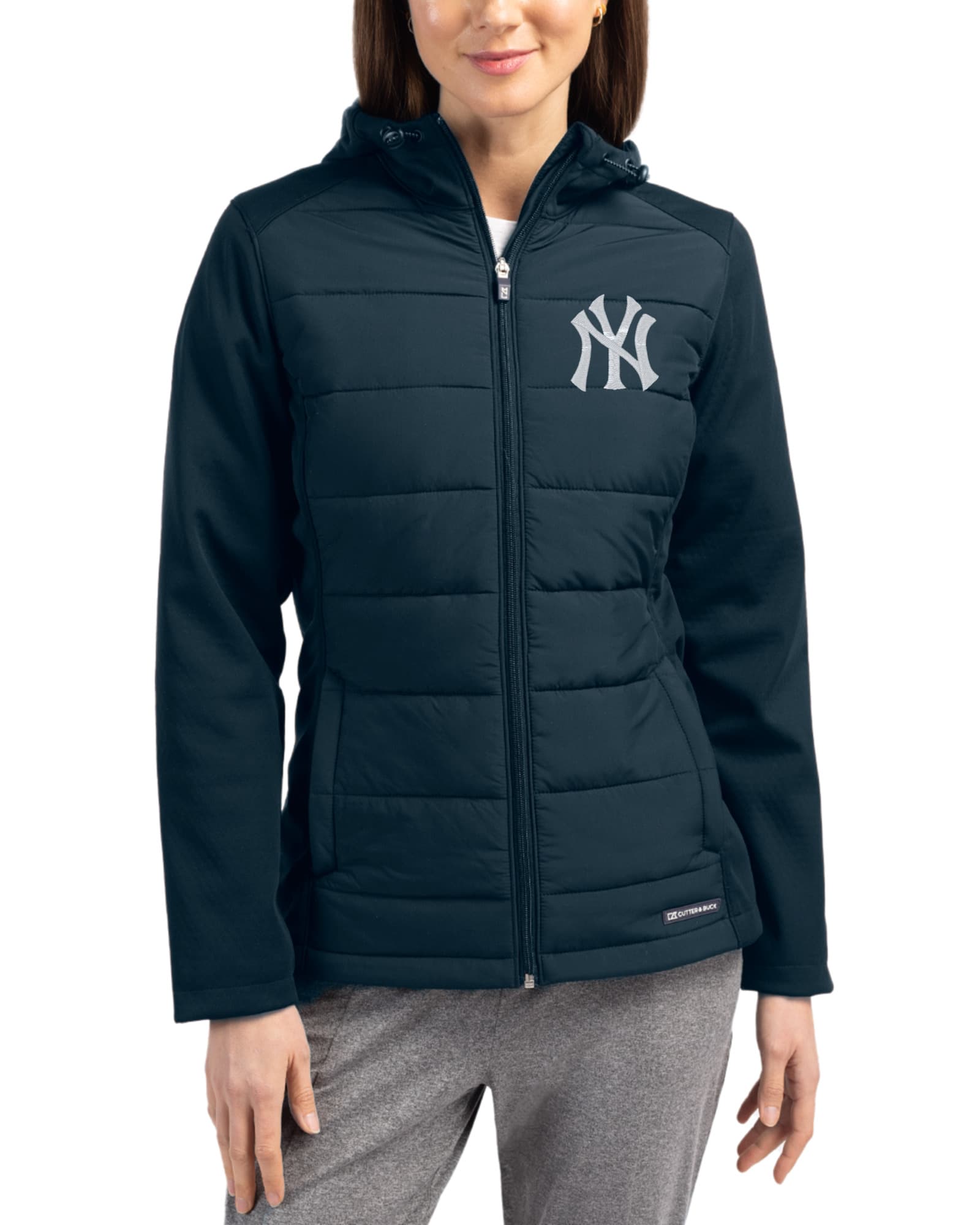 Women's New York Yankees Cutter & Buck Navy Blue Evoke Epic Versatility Hybrid Softshell Full Zip Hooded Jacket