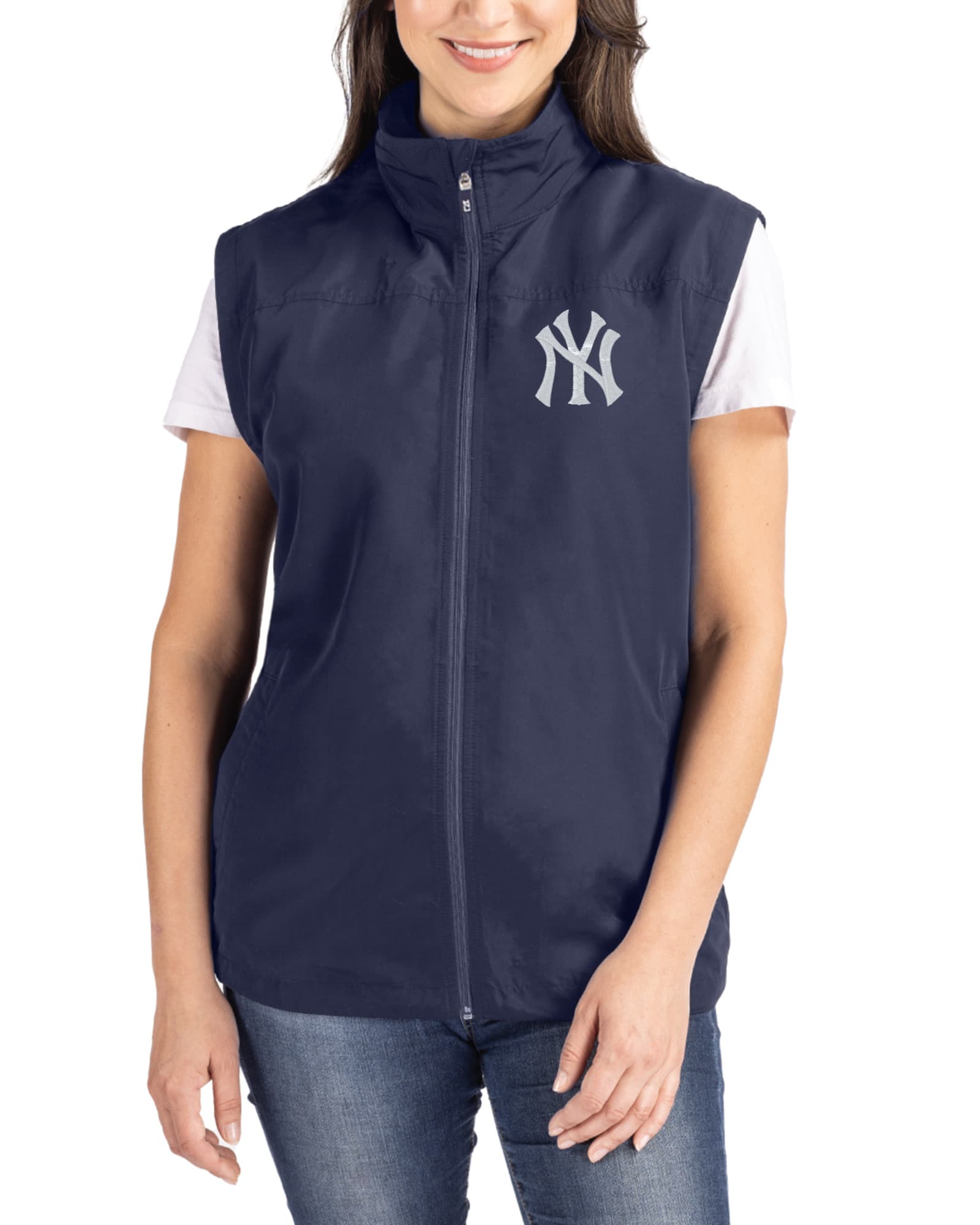 Women's New York Yankees Cutter & Buck Navy Blue Charter Epic Versatility Packable Full Zip Vest