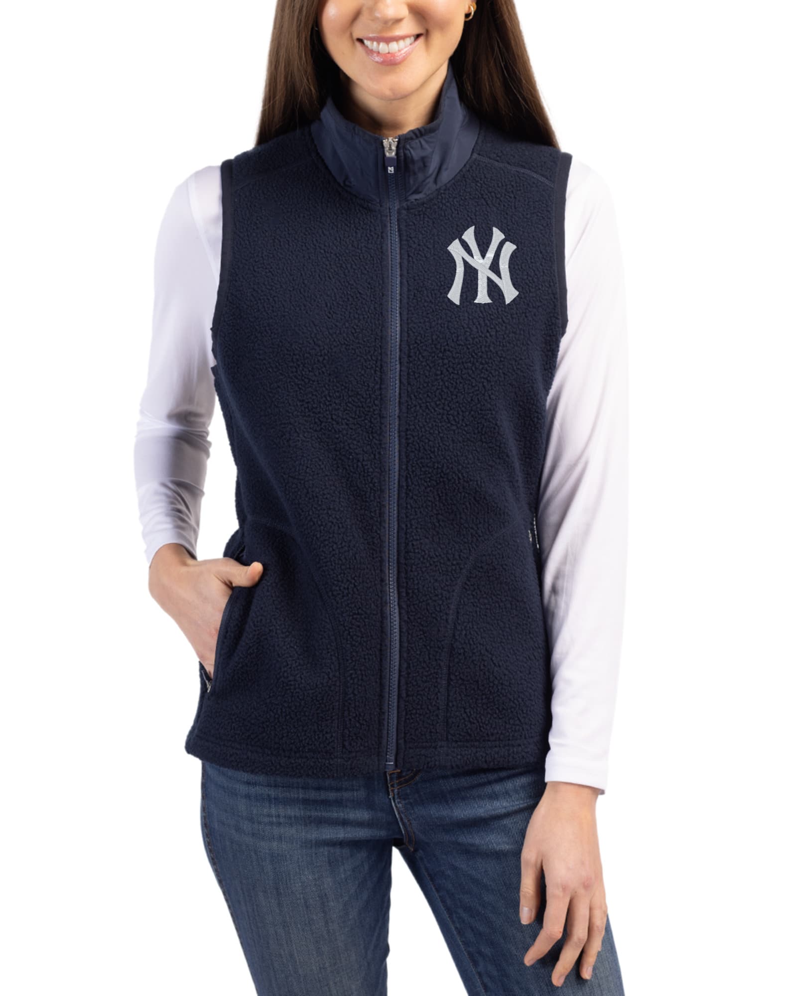 Women's New York Yankees Cutter & Buck Navy Blue Cascade Epic Comfort Sherpa Fleece Full Zip Vest