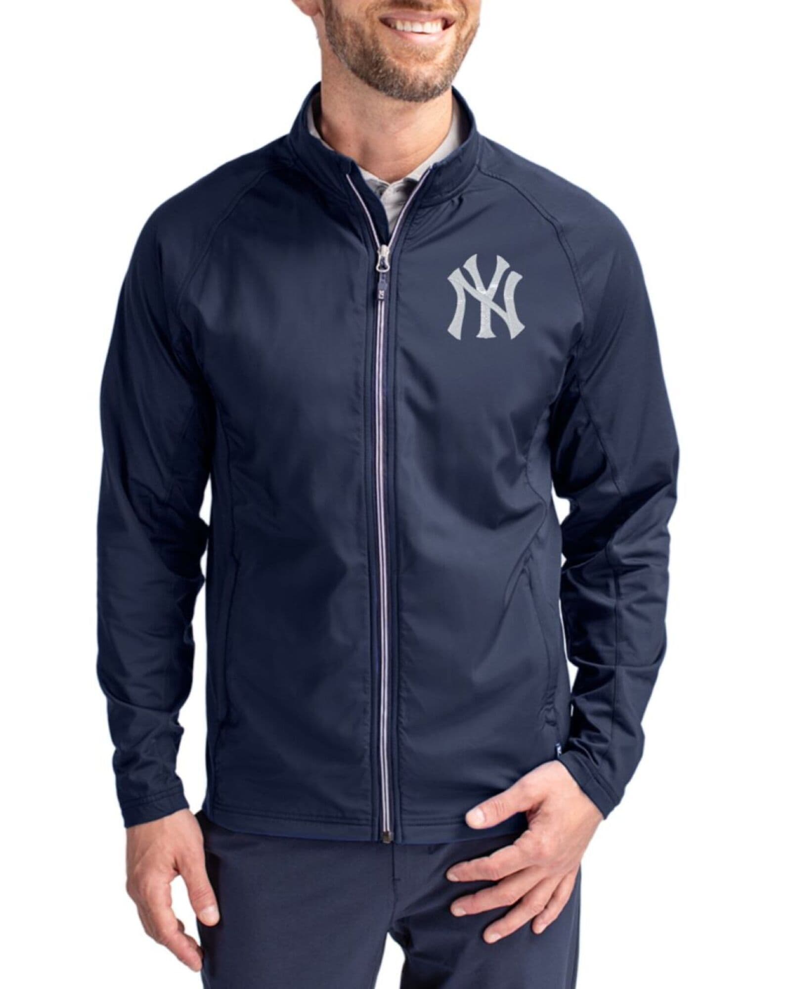 Men's New York Yankees Cutter & Buck Navy Blue Adapt Soft Knit Stretch Big & Tall Hybrid Full Zip Jacket