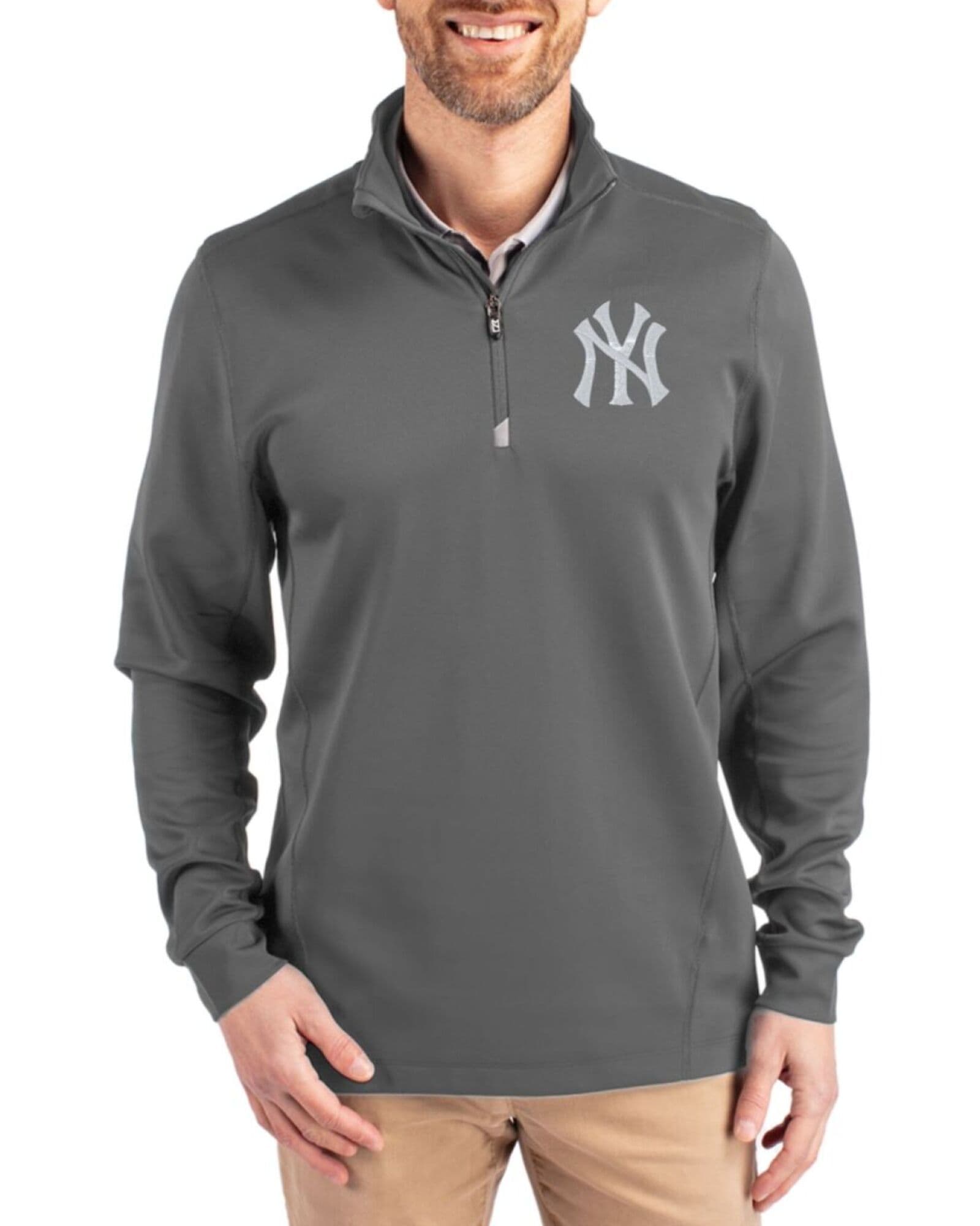 Men's New York Yankees Cutter & Buck Elemental Grey Traverse Stretch Big & Tall Quarter Zip