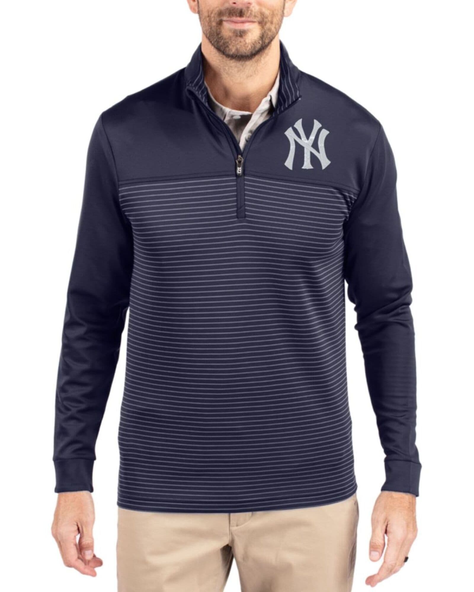 Men's New York Yankees Cutter & Buck Liberty Navy Traverse Stretch Stripe Big & Tall Quarter Zip