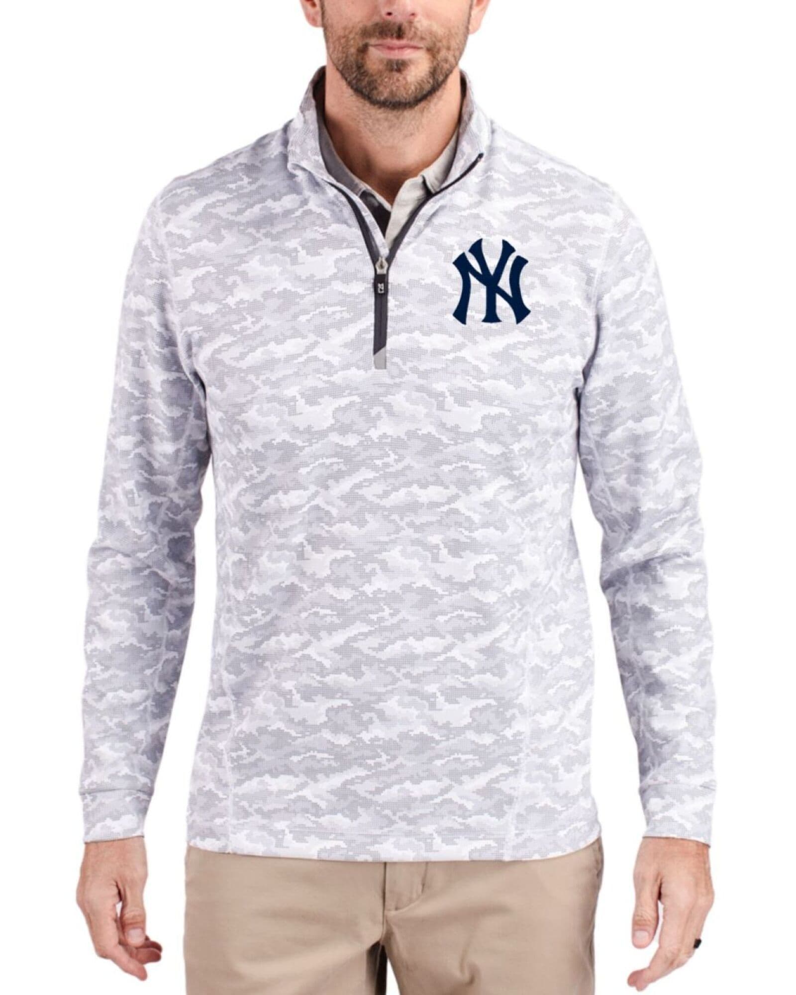 Men's New York Yankees Cutter & Buck Charcoal Traverse Stretch Camo Print Big & Tall Quarter Zip