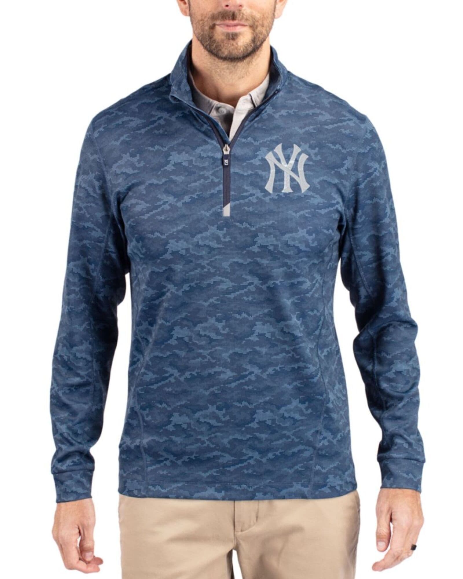 Men's New York Yankees Cutter & Buck Navy Blue Traverse Stretch Camo Print Big & Tall Quarter Zip