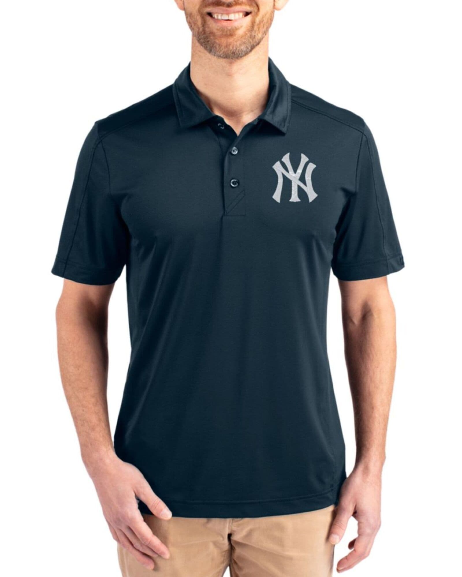 Men's New York Yankees Cutter & Buck Navy Blue Prospect Epic Confidence Textured Stretch Big & Tall Polo