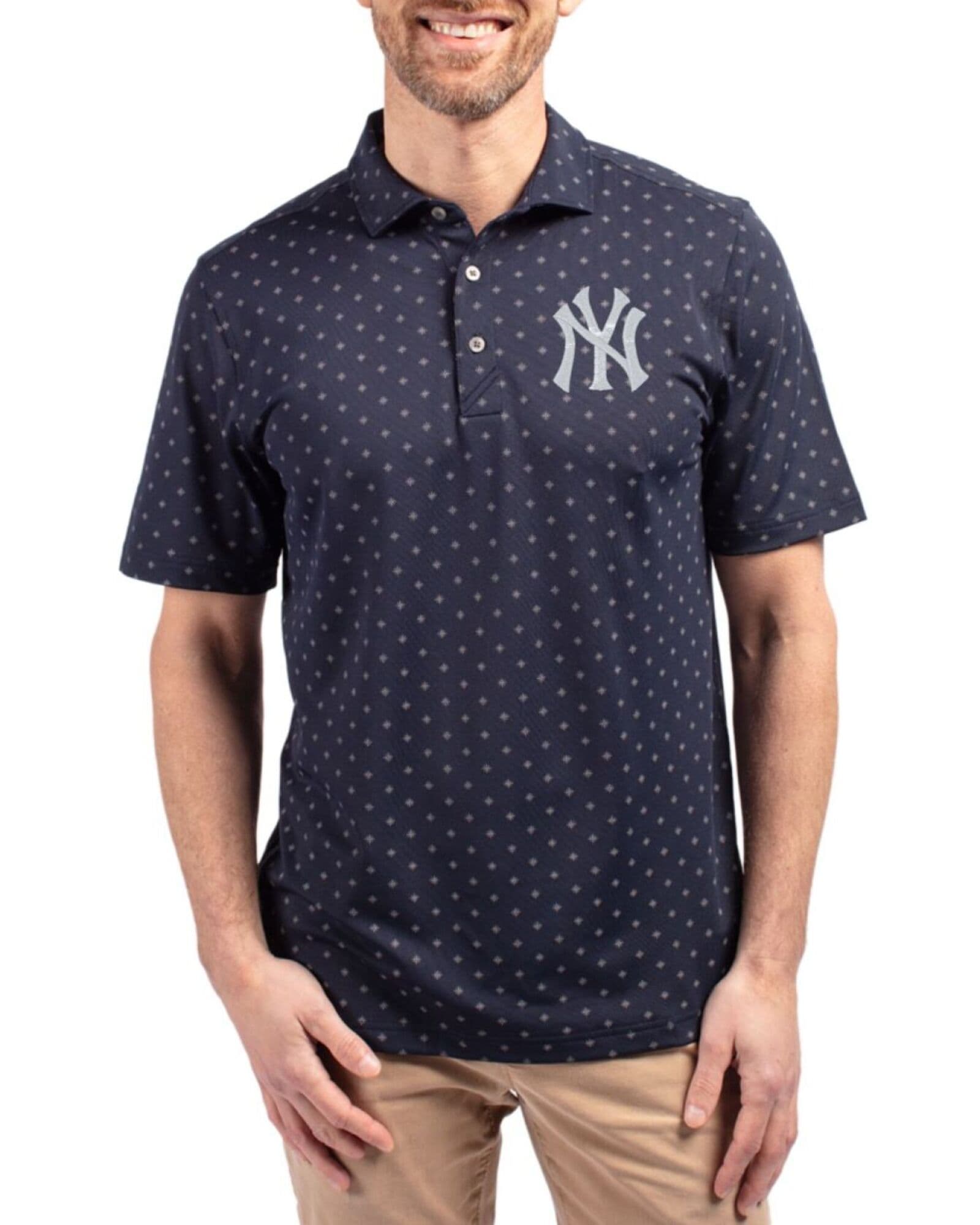 Men's New York Yankees Cutter & Buck Navy Blue Virtue Tile Print Featherlight Pique Big & Tall Polo