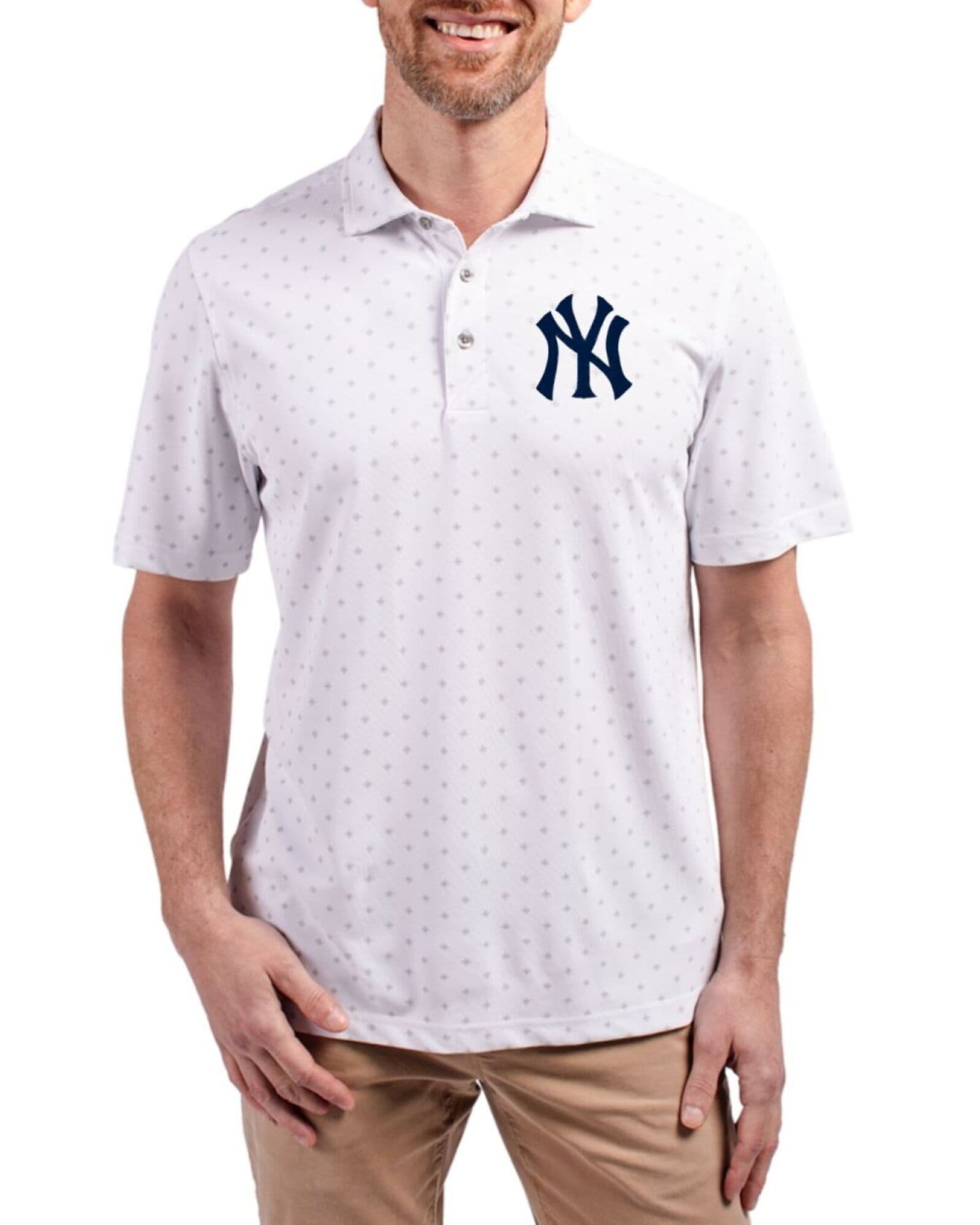 Men's New York Yankees Cutter & Buck White Virtue Tile Print Featherlight Pique Big & Tall Polo