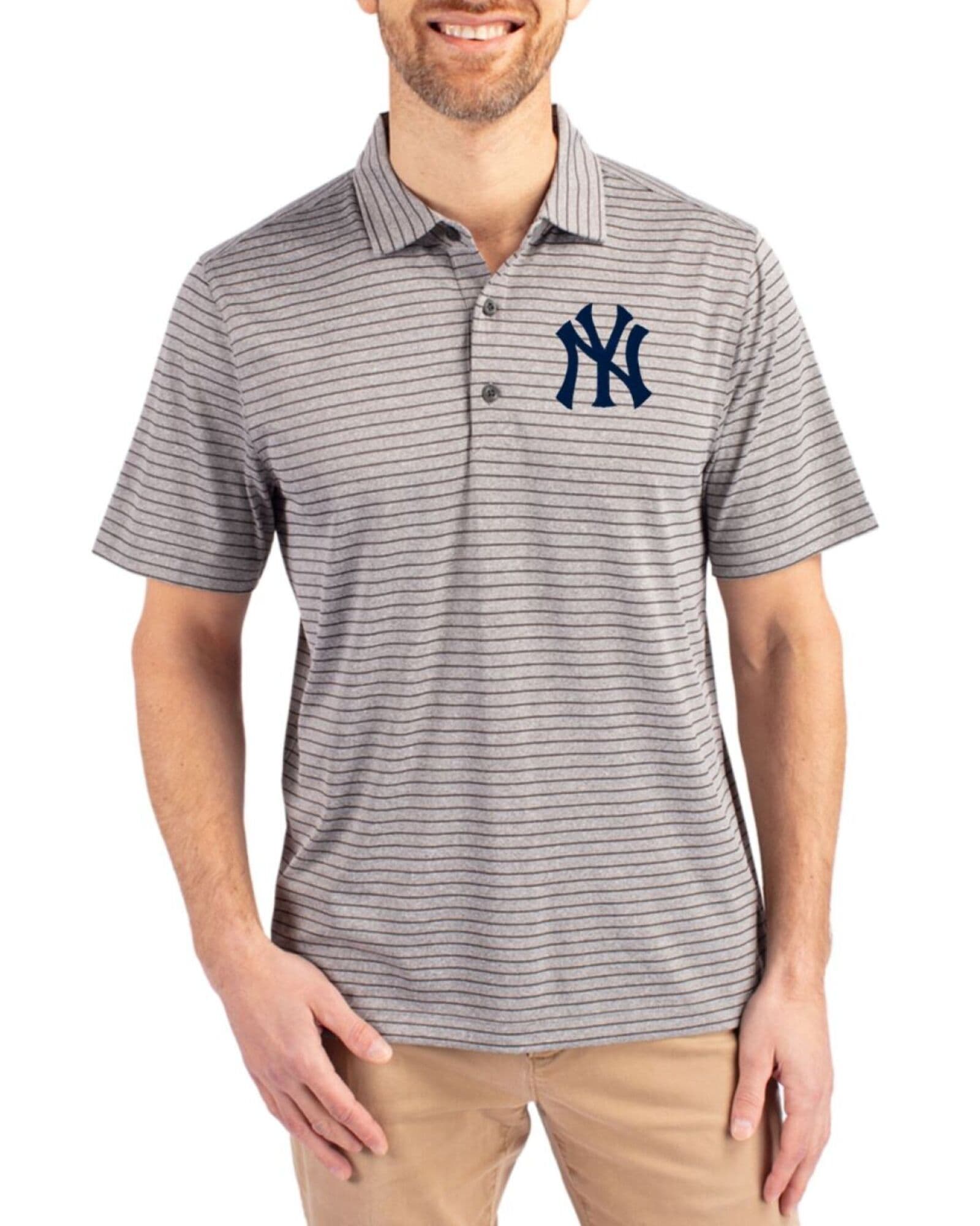 Men's New York Yankees Cutter & Buck Elemental Grey Heather Forge Heather Stripe Four-Way Stretch Big & Tall Polo