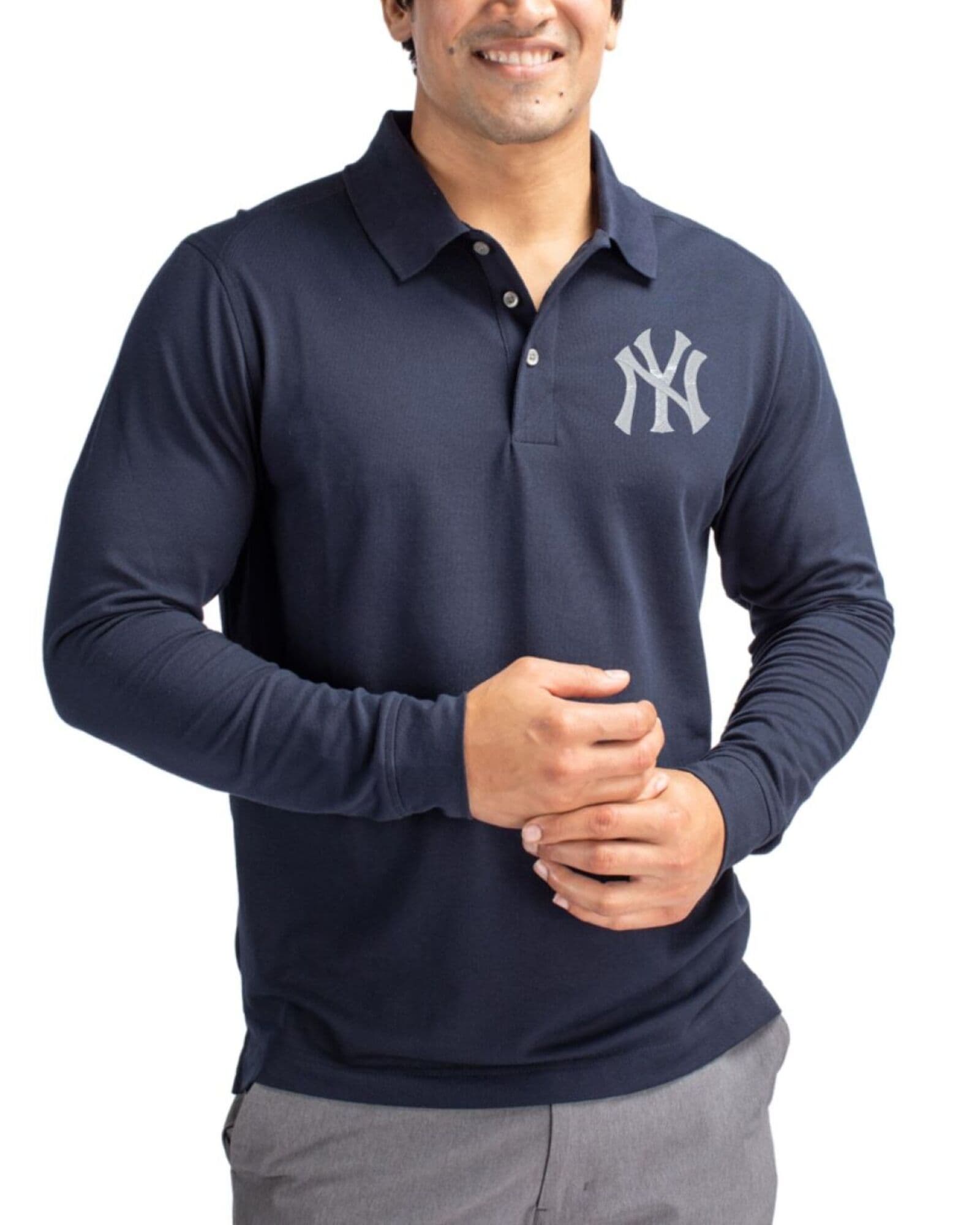 Men's New York Yankees Cutter & Buck Liberty Navy Advantage Epic Confidence Tri-Blend Pique Big & Tall Long Sleeve Polo