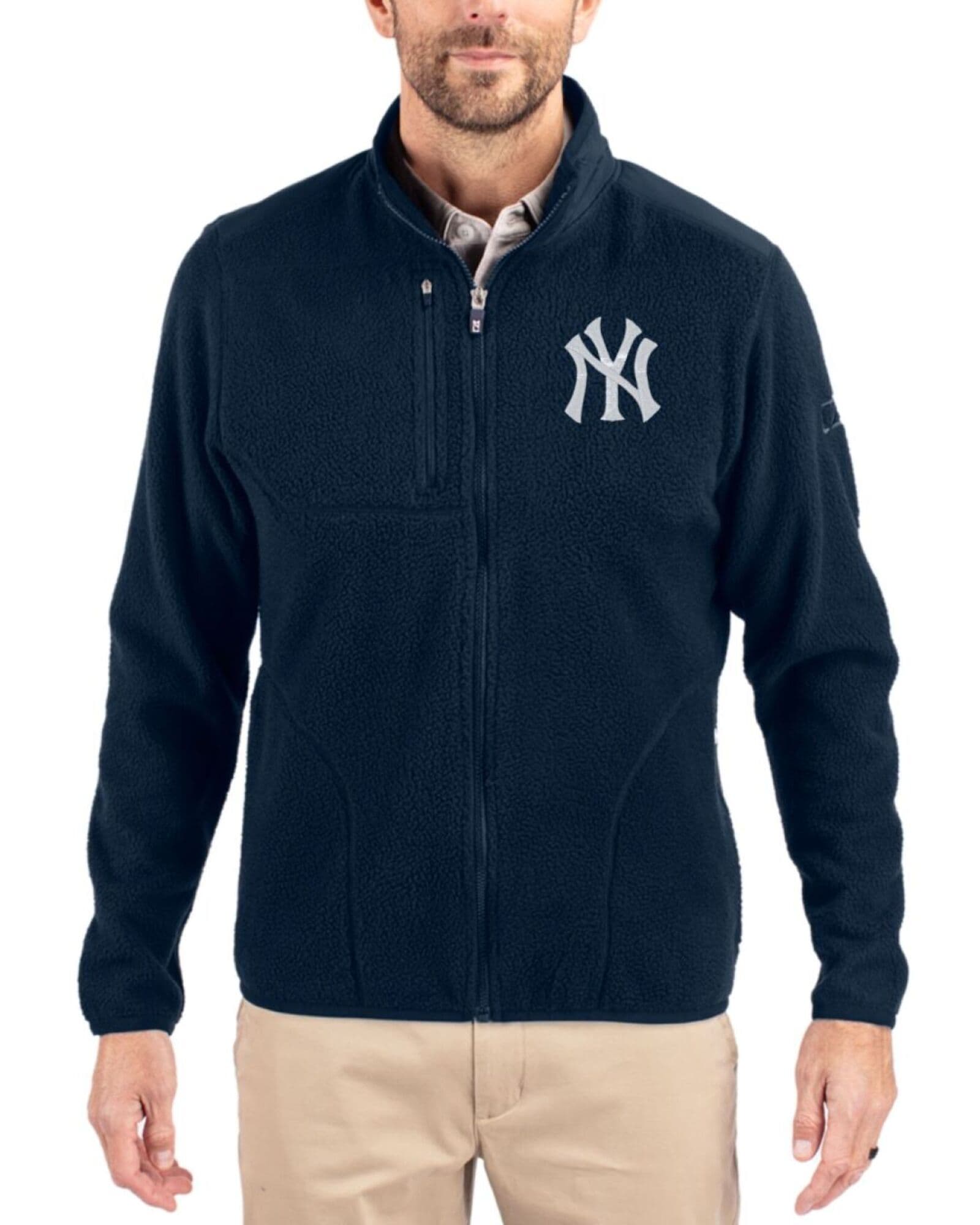 Men's New York Yankees Cutter & Buck Navy Blue Cascade Epic Comfort Sherpa Fleece Big & Tall Full Zip Jacket