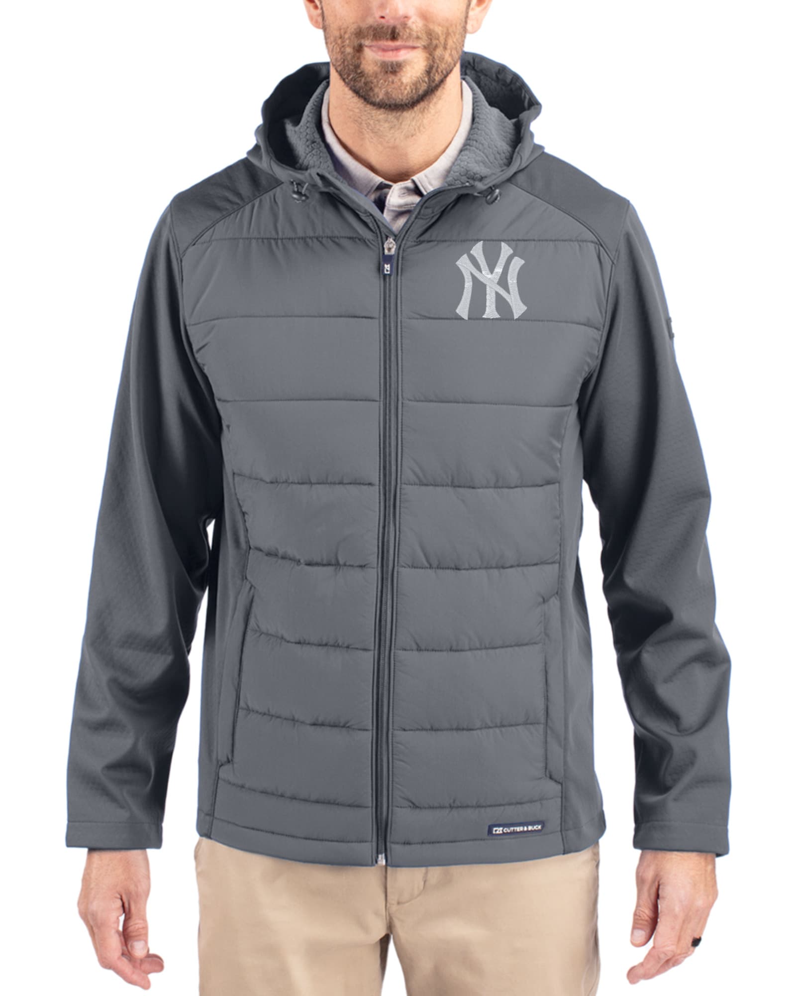 Men's New York Yankees Cutter & Buck Elemental Grey Evoke Epic Versatility Hybrid Softshell Big & Tall Full Zip Hooded Jacket