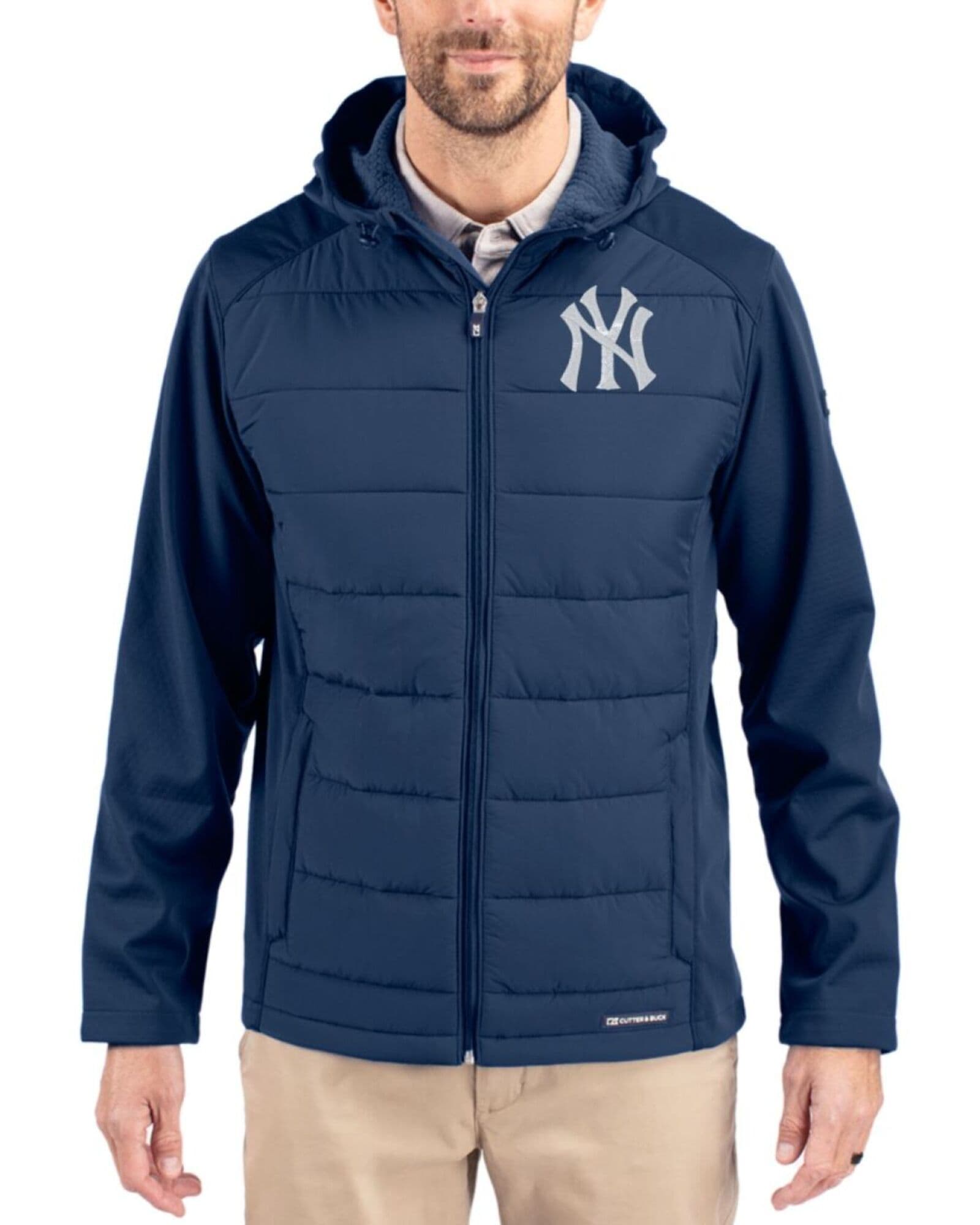 Men's New York Yankees Cutter & Buck Navy Blue Evoke Epic Versatility Hybrid Softshell Big & Tall Full Zip Hooded Jacket