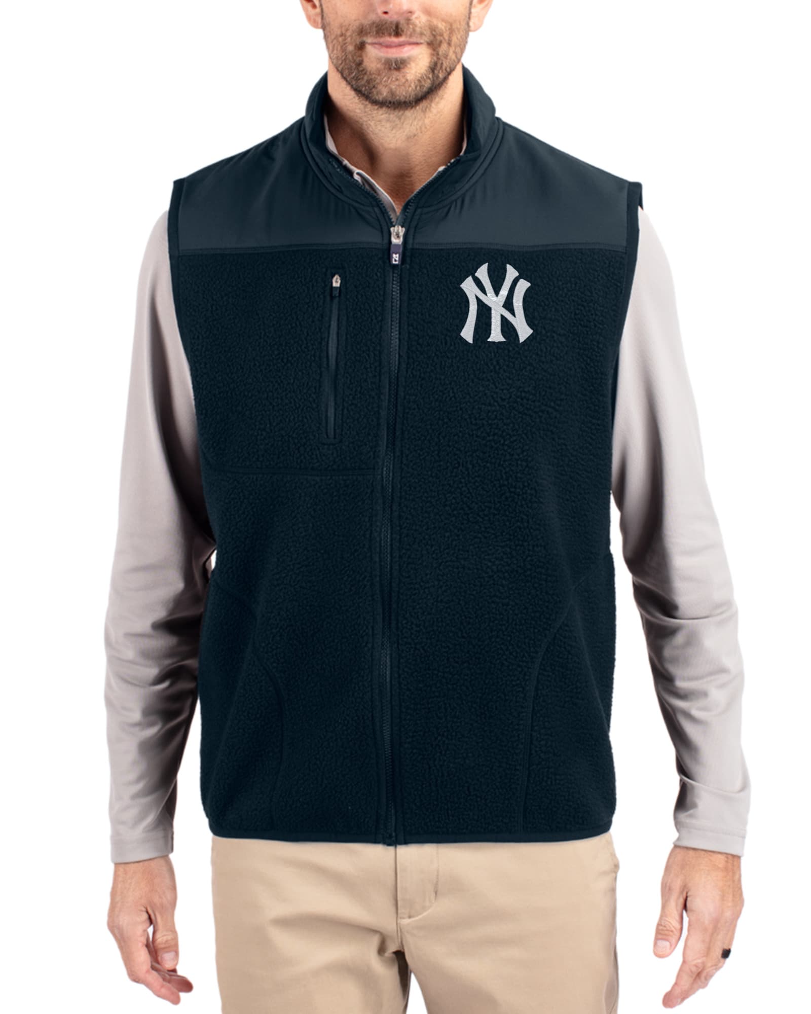Men's New York Yankees Cutter & Buck Navy Blue Cascade Epic Comfort Sherpa Fleece Big & Tall Full Zip Vest