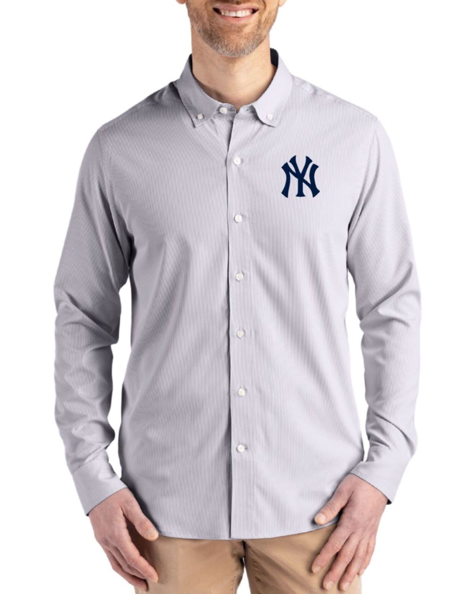 Men's New York Yankees Cutter & Buck Elemental Grey/White Skyline Pinstripe Big & Tall Long Sleeve Button Down Dress Shirt