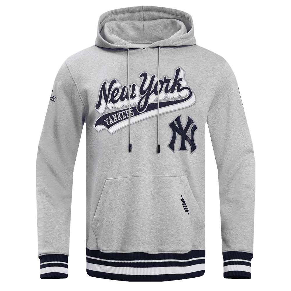 Men’s New York Yankees Heather Grey and Midnight Navy Script Tail Pullover Hoodie by Pro Standard®