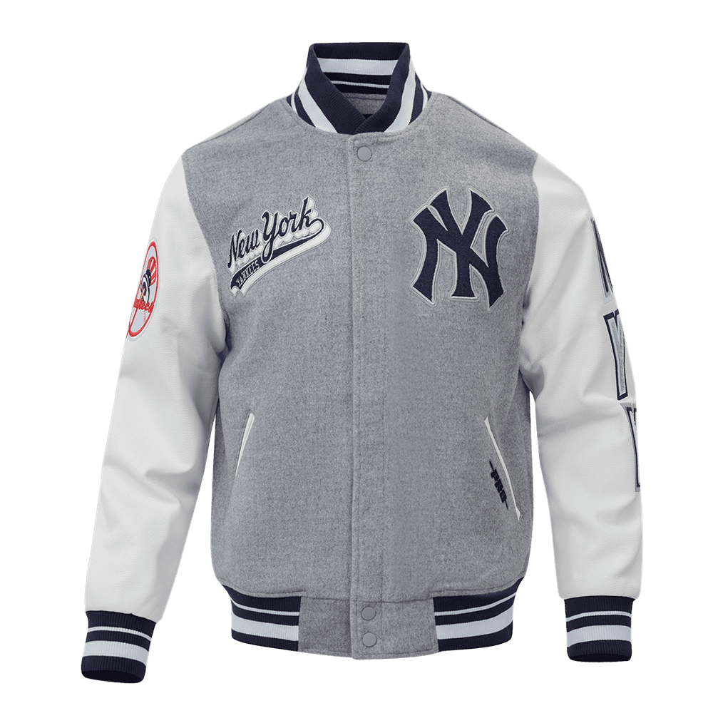 Men’s New York Yankees Heather Grey and White and Midnight Navy Script Tail Varsity Jacket by Pro Standard®