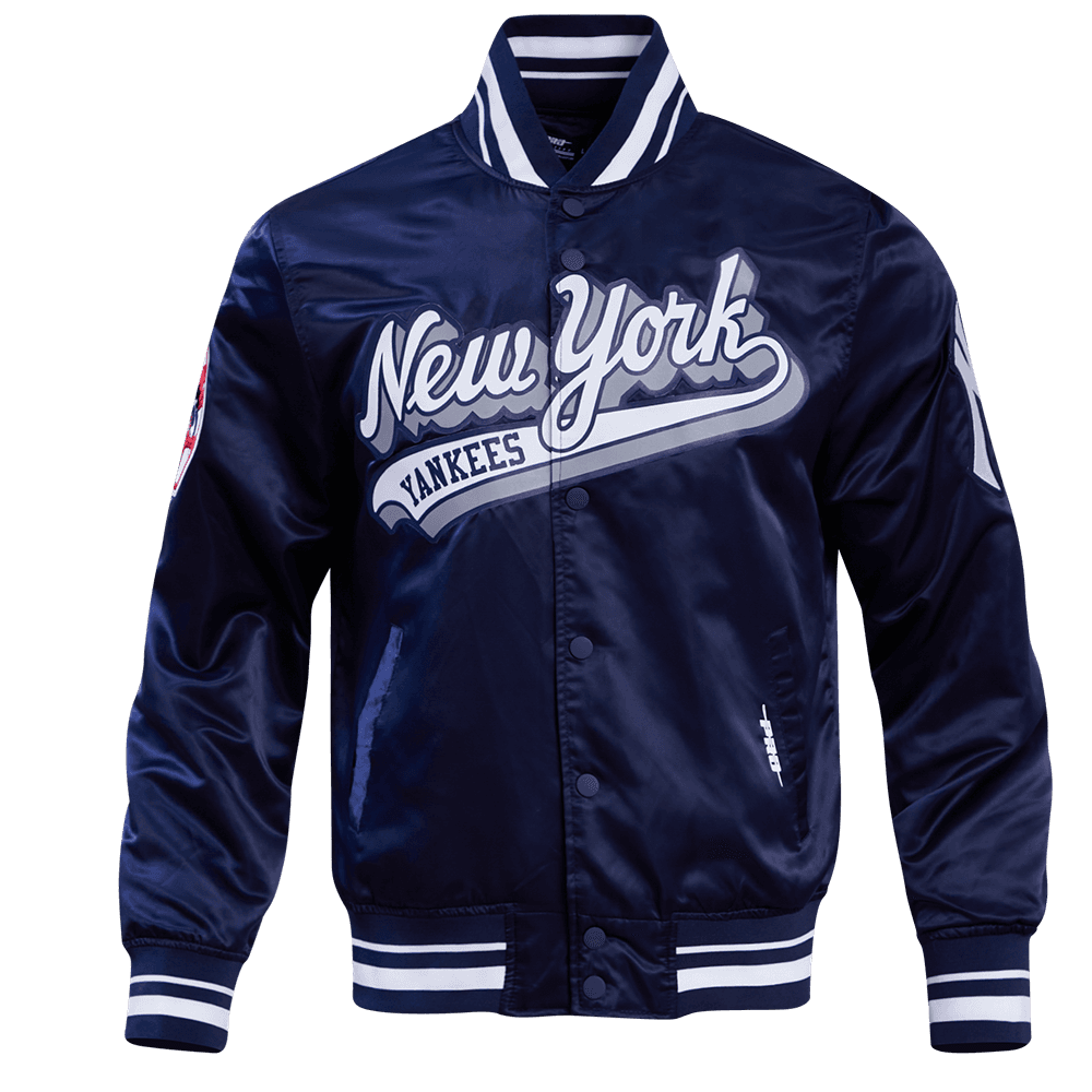 Men’s New York Yankees Midnight Navy Script Tail Satin Jacket by Pro Standard®