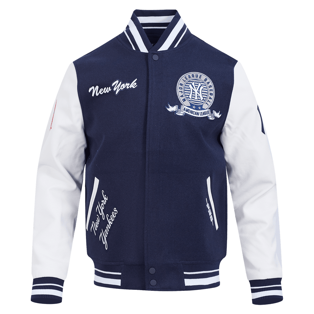 Men’s New York Yankees Midnight Navy and White Team Badge Varsity Jacket by Pro Standard®