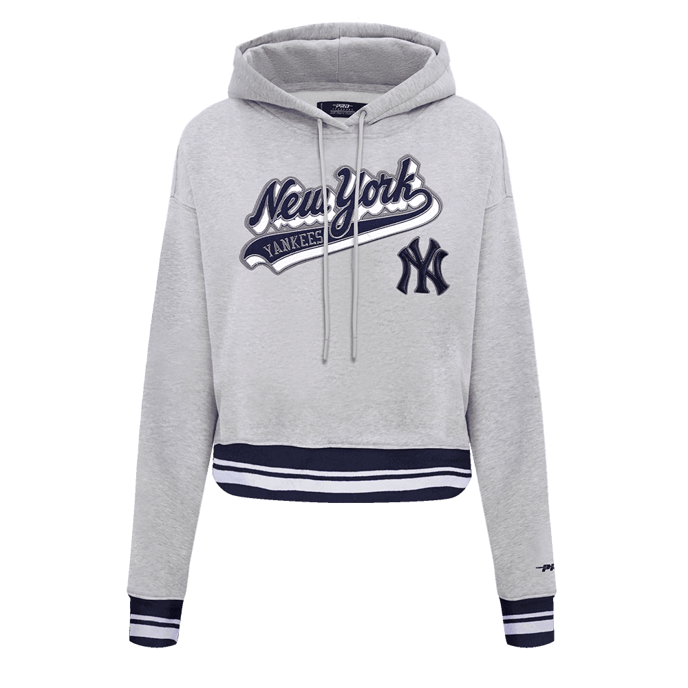 Women’s New York Yankees Heather Grey and Midnight Navy Script Tail Cropped Pullover Hoodie by Pro Standard®