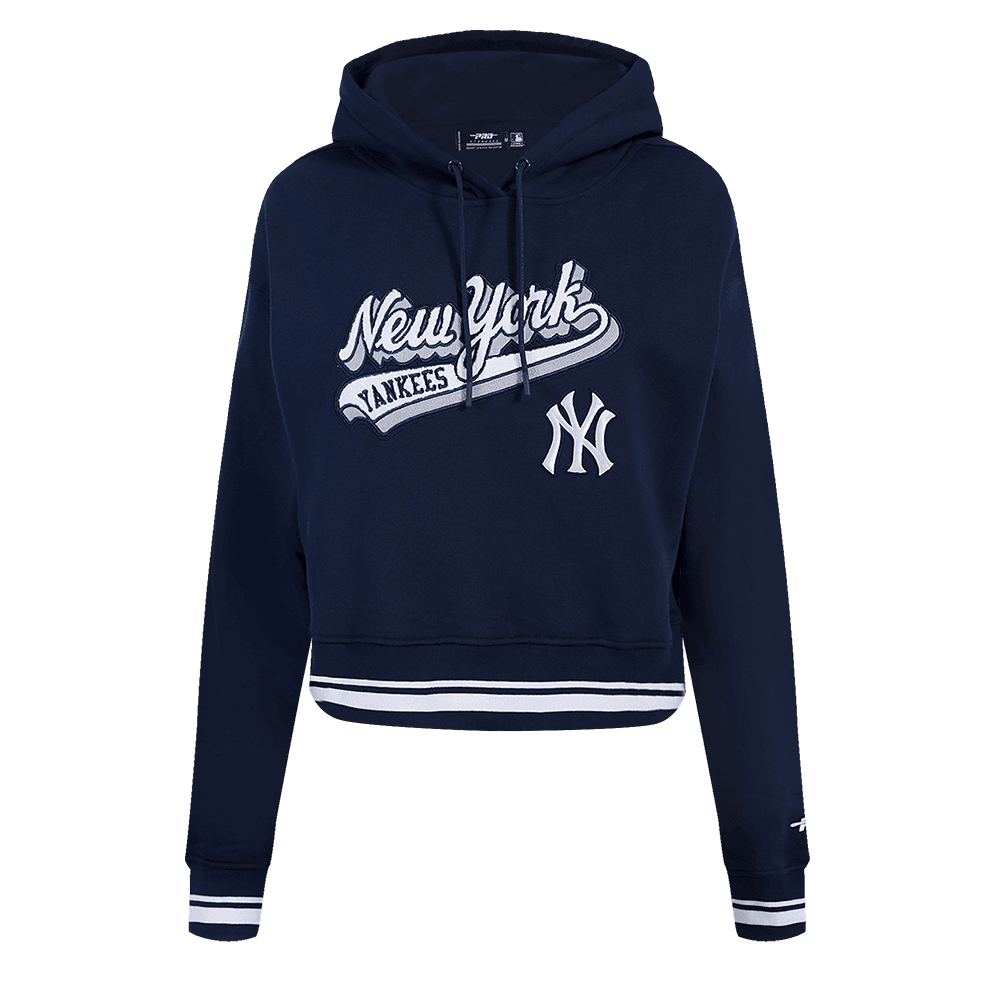 Women’s New York Yankees Midnight Navy Script Tail Cropped Pullover Hoodie by Pro Standard®