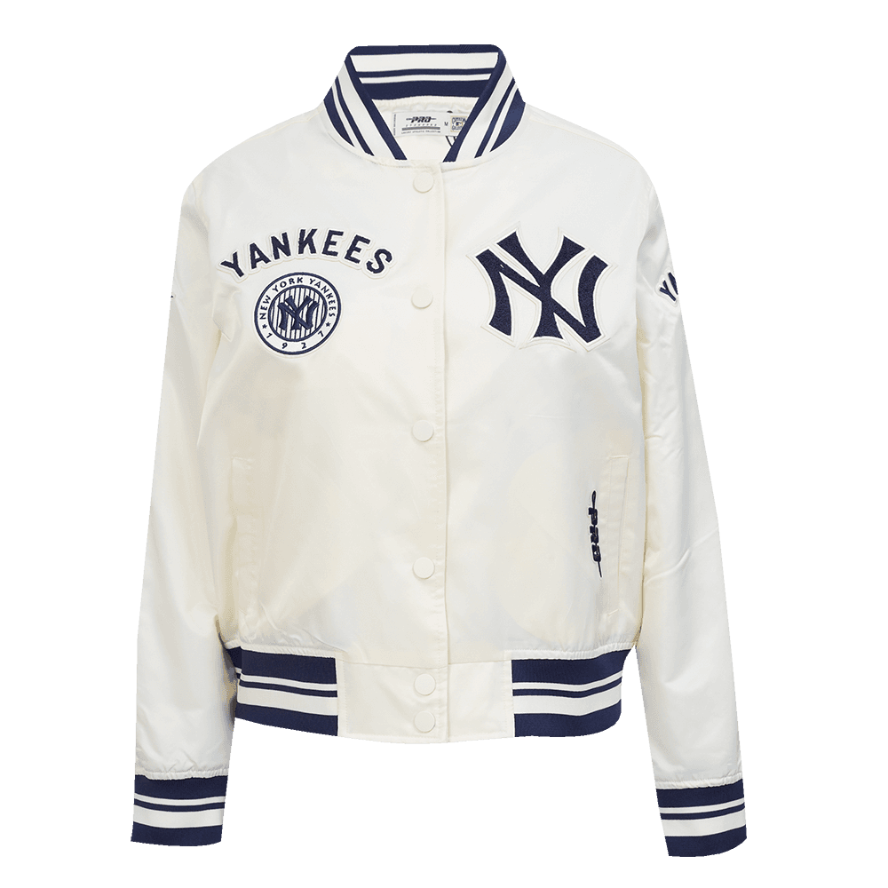 Women’s New York Yankees Eggshell and Midnight Navy Retro Classics Satin Jacket with Arched Yankees Patch by Pro Standard®